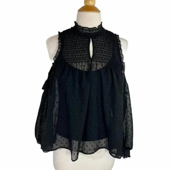 AEO S blouse black smocked ruffled open shoulder lined sheer top‎ - Picture 1 of 7